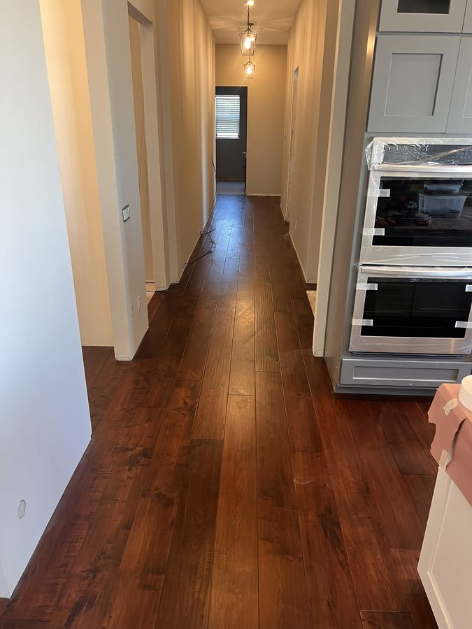 Hallway, rich walnut plank