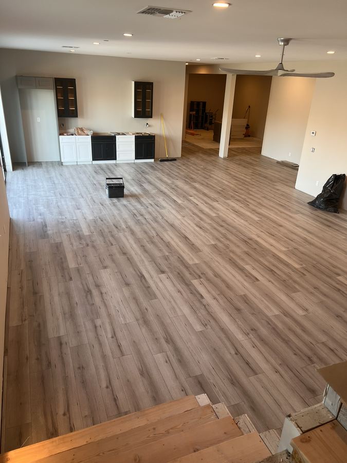 Open great room, light oak plank